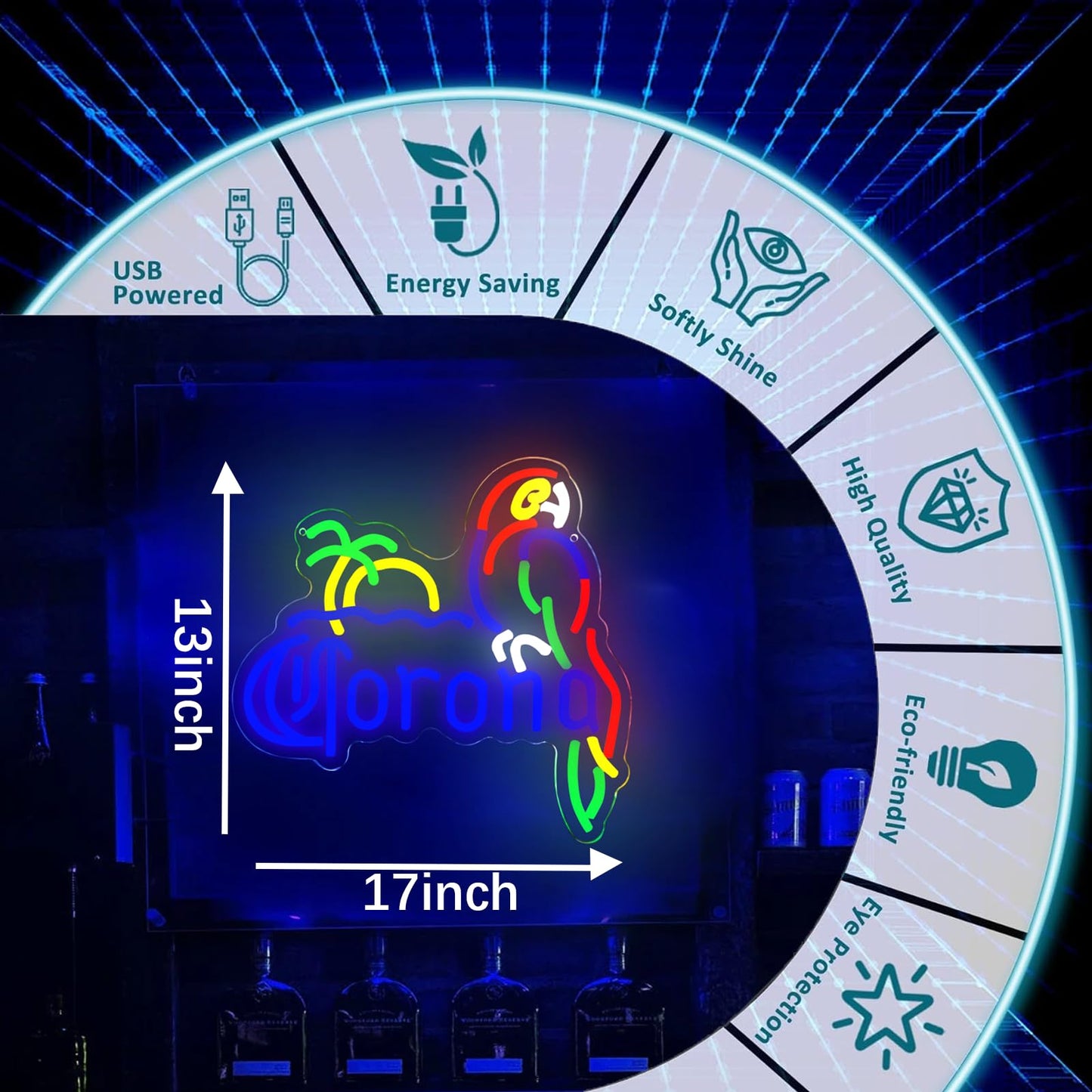 KODGGHK Coron Neon Sign Parrot Neon Lights for Bar Decor, Palm Tree Beer Lights Bar LED Neon Sign Dimmable Light Up Signs Man Cave Home Pub Beer Gift Neon Lamp (Blue)