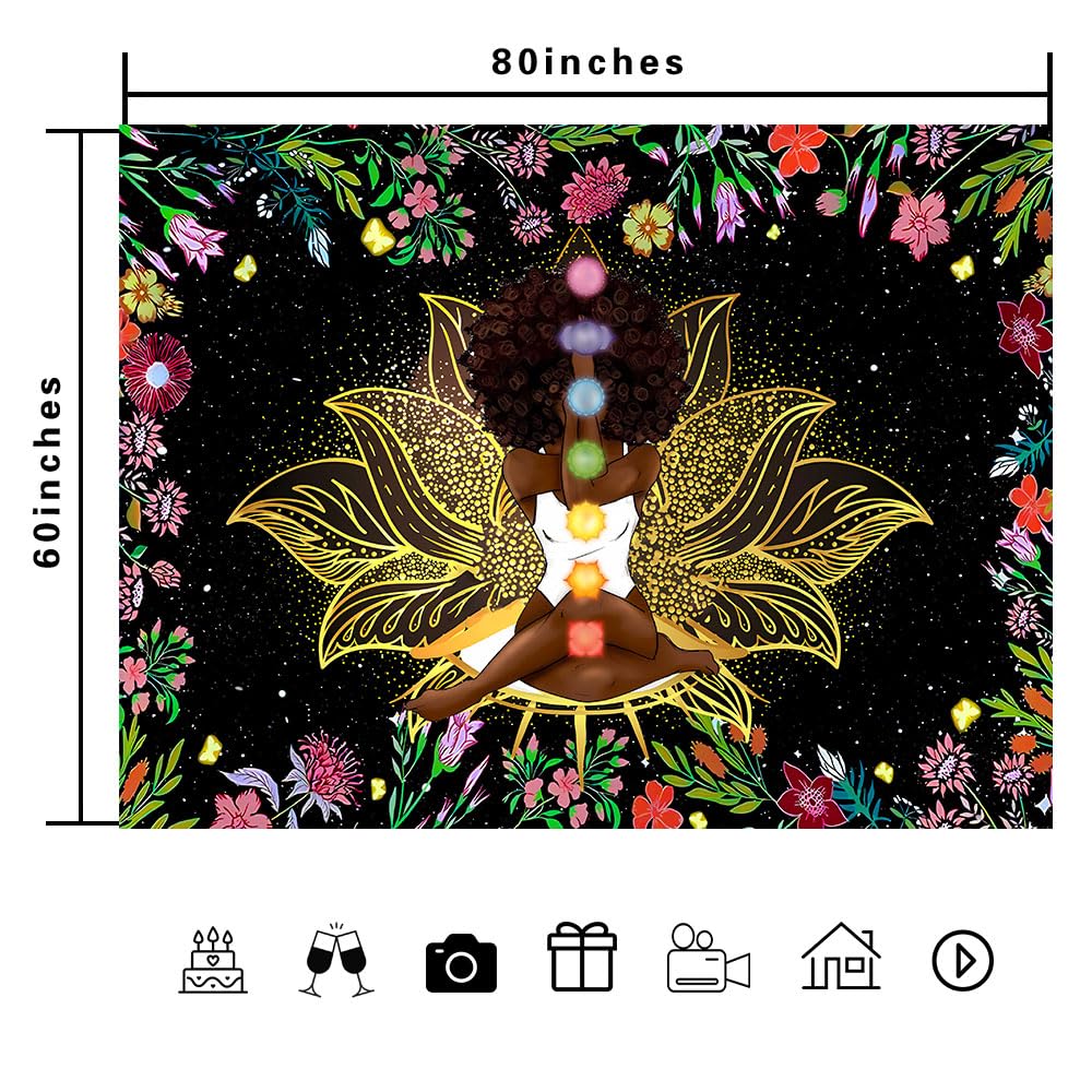 Ine Ive African Chakra Tapestry African American Woman Zen Meditation Tapestries 80x60 Inch Starry Sky Flower Garden Inspirational Afro Yoga Wall Art for Bedroom Dorm Decor