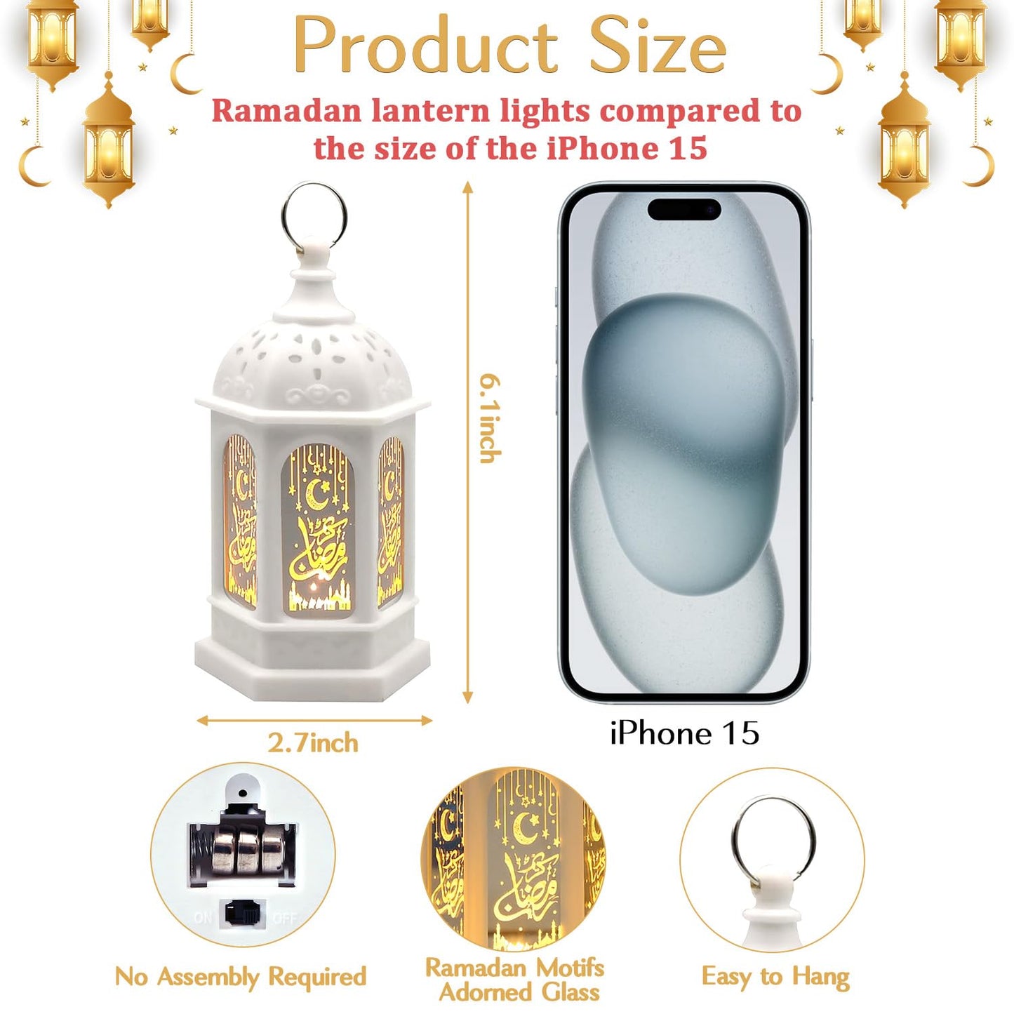 LED Ramadan Lanterns Decorations, Eid Decorations for Home and Table, Small Ramadan Lights with Hanging Rings, Moon & Star Eid Decor, Islamic Home Decor & Muslim Eid Gift (2 Pack)
