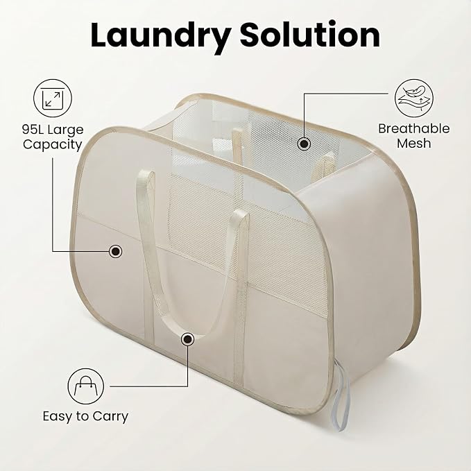 Foldable Laundry Basket with Mesh Window, Large Capacity 95L Dirty Clothes Hamper with Handles, Sturdy Steel Frame,Collapsible Laundry Hamper for Bedroom,Bathroom,Home,Dorm (Beige)