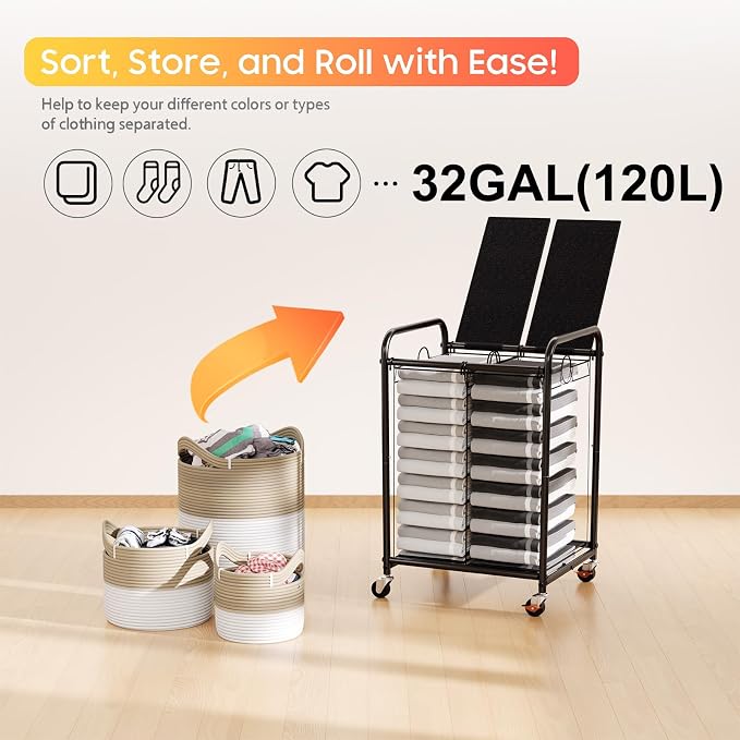 120L (31.7 Gal) Laundry Sorter 2 Section, Rolling Laundry Basket with Lockable Wheels and Lid, Laundry Hamper with 2 Separated Removable Bags Dirty Clothes Hamper for Laundry Room Organizer, Black
