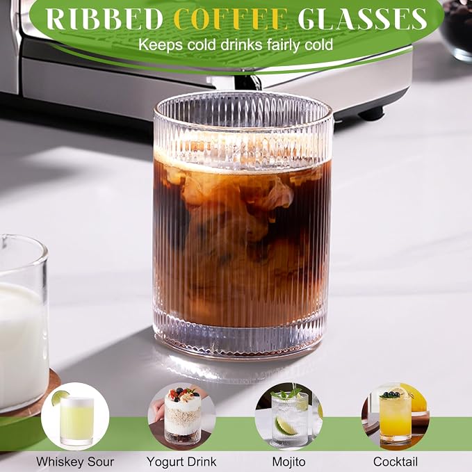 Ribbed Glass Cups Set of 8 - 4 Large Capacity Highball Glasses 17oz, 4 Rocks Glass Cups 12oz, Cocktail Glasses, Drinking Glasses Ideal for Beer, Juice, Water, Ice Coffee Cup, Whiskey, Mixed Drinkware