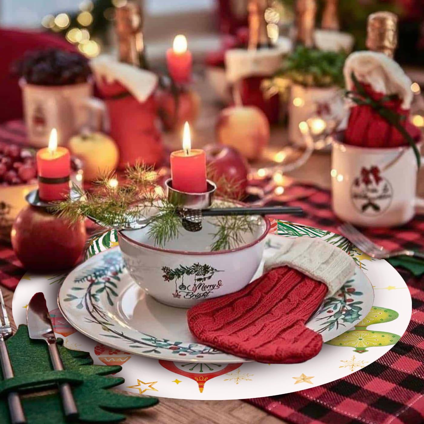 50 Pack Christmas Paper Placemats 13.7 Inch Xmas Disposable Round Place Mats Winter Christmas Ball Table Mats for Holiday New Years Party Home Dinner Table Setting