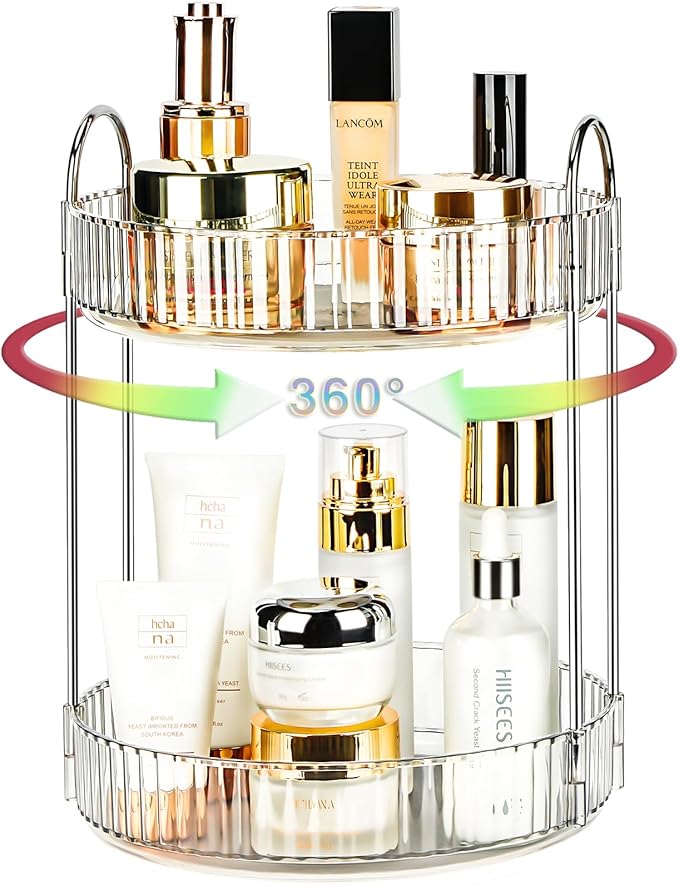 360 Rotating Makeup Organizer, 2 Tier Lazy Susan Bathroom Counter Organizer, Skincare Organizers, Spinning Perfume Organizer & Vanity Organizer Countertop (Silver Clear, 2 Tier)