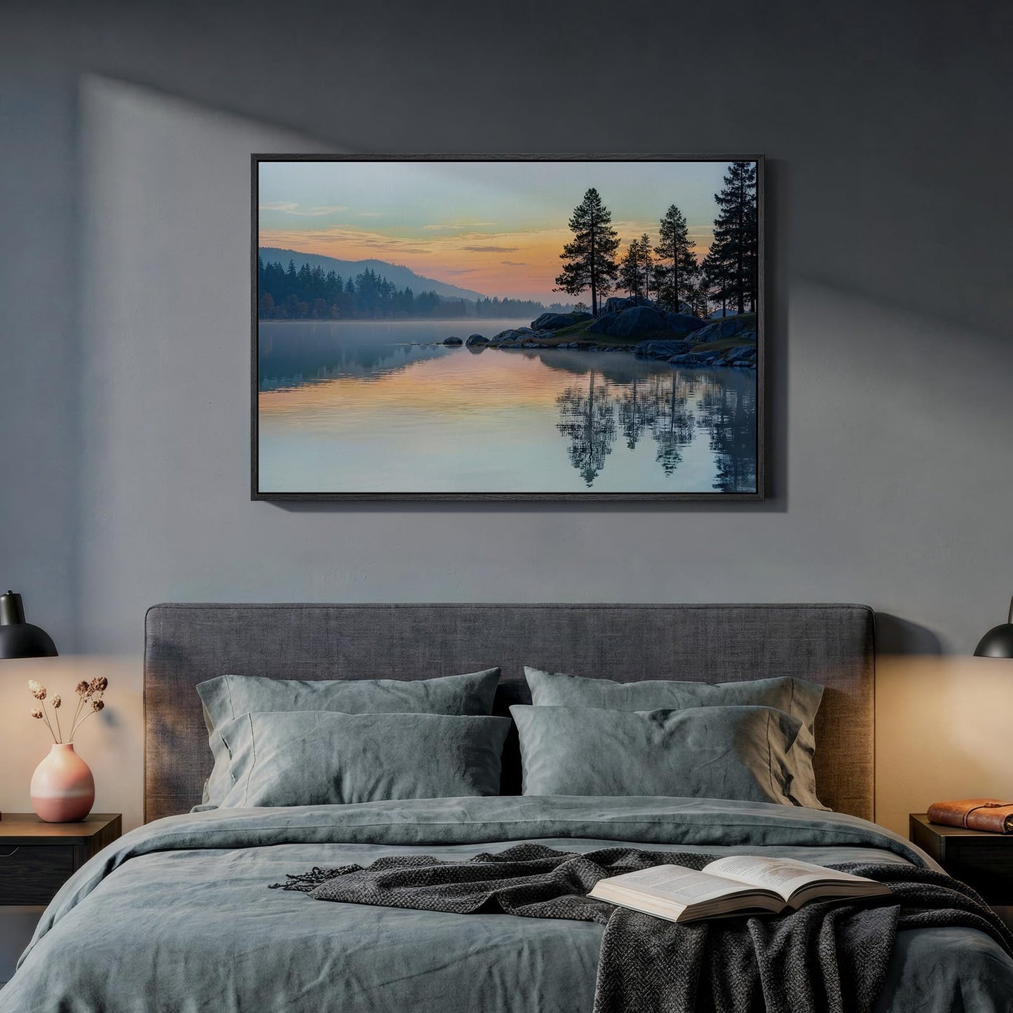 Framed Nature Lake Landscape Wall Art, Horizontal Sunset Canvas Artwork for Walls, Peaceful Scenery Photography Print, Scenic Picture for Living Room Bedroom Office Dining Room Wall Decor, 24x36 Inch