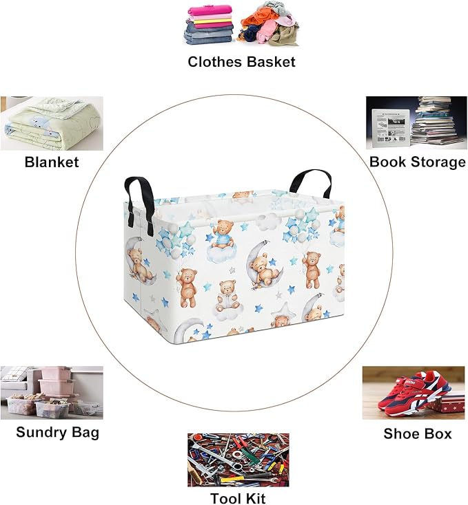 Rectangular Cute Bear Pattern Storage Bin, Decorative Canvas Laundry Basket with Dual Handles, Foldable Toy & Household Organizer, Multipurpose Party Gift Basket for Home Bedroom Dorm