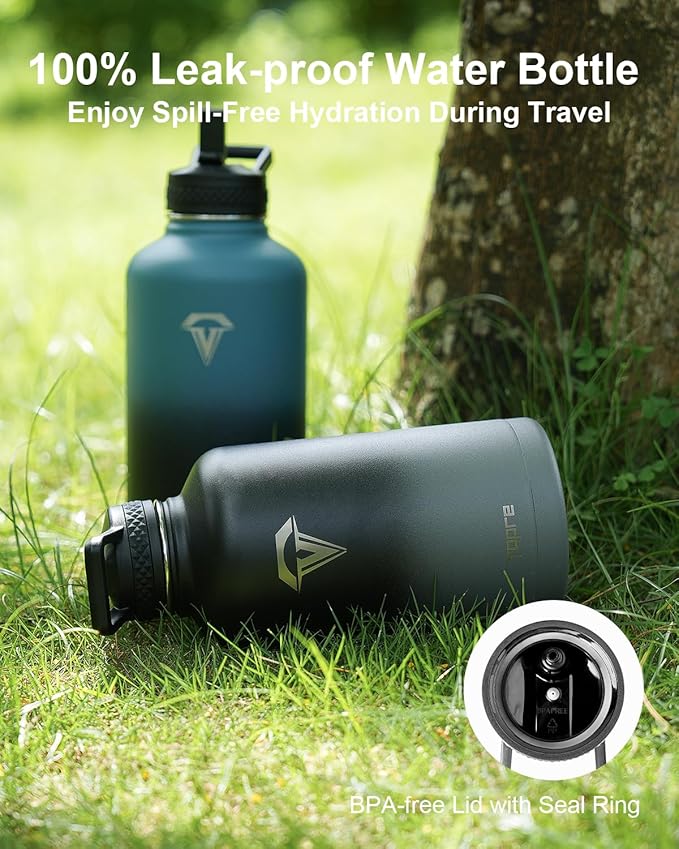 Insulated Water Bottle, 64 oz Stainless Steel Water Bottles with Straw, Leak Proof & BPA Free, Reusable Jug Thermo Flask for Outdoor Sports Gym Camping, Black/Grey