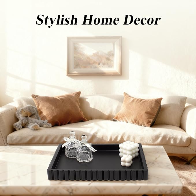 YMXYJM-Scalloped Coffee Table Tray，Ottoman Tray for Modern Home Decor. 14" Decorative Tray for Entryway Table Decor, Living Room Table Decor, Coffee Table Centerpiece - Black Resin