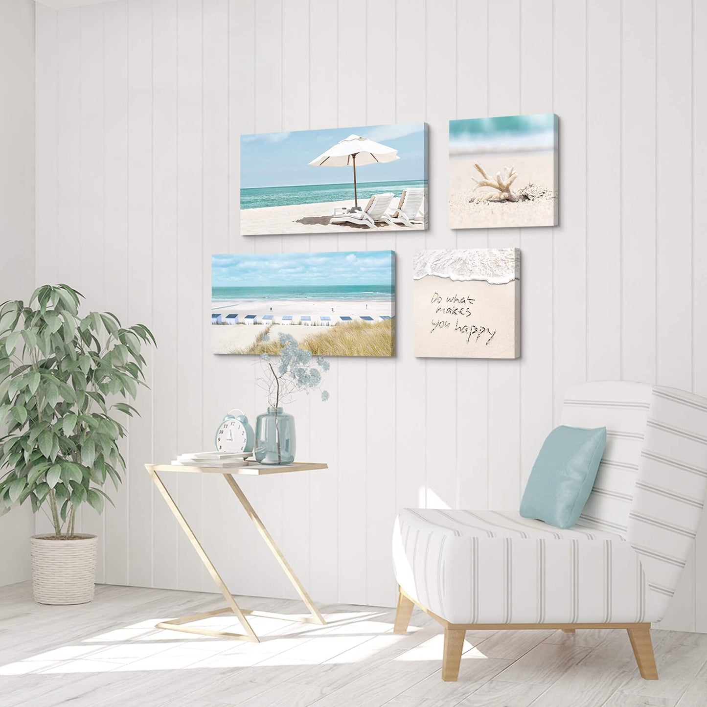 Coastal Canvas Wall Art Picture: Sandy Beach Chair Print 4 Piece Tropical Ocean Seascape Decor Artwork Relaxing Sea Scene Seashell Painting for Living Room Bedroom