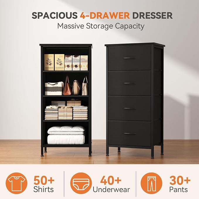 Sweetcrispy 4 Fabric Drawer Small Dresser, Bedside Nightstand with Wooden Top Sturdy Frame, Entryway Closet Bedroom Storage Cabinet Furniture for Dorm,Black