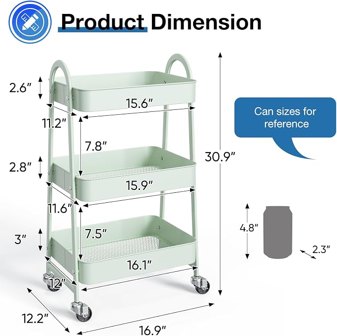 OLIXIS Metal Utility Cart, Mobile Rolling Storage Shelf with Lockable Caster Wheels, Organization for Livingroom, Bathroom & Narrow Places, 3 Tiers Green