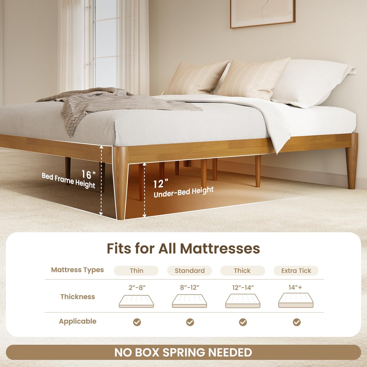 IOTXY California-King Platform Bed Frame - Solid Wood 16-Inch Height Mattress Foundation Base with Densely Slats and Heavy-Duty Support Legs, No Box Spring Needed, Teak