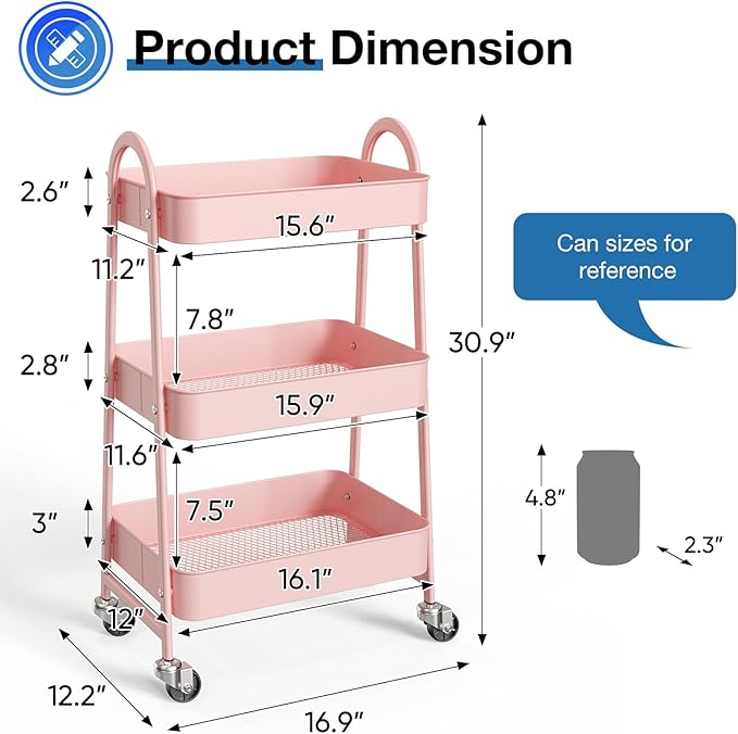 OLIXIS Metal Utility Cart, Mobile Rolling Storage Shelf with Lockable Caster Wheels, Organization for Livingroom, Bathroom & Narrow Places, 3 Tiers Pink