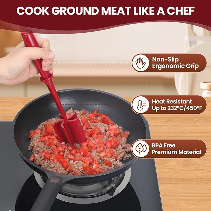 CUNSENR Premium Meat Chopper - 5 Curve Blade Ground Beef Smasher Tool - Heat-Resistant Nylon Meat Masher for Ground Beef, Hamburger, Potatoes - Non-Stick Ground Meat Chopper for Easy Mixing - Red