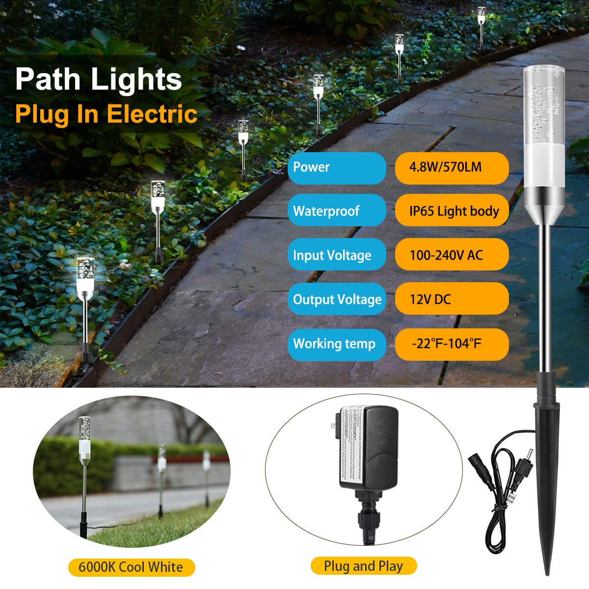 GreenClick Pathway Lights Outdoor,12V Low Voltage Landscape Lighting, 6 Pack 570 Lumen Bright LED Path Lights, IP65 Waterproof Extendable Garden Lights for Yard Walkway Patio Lawn, 6000K