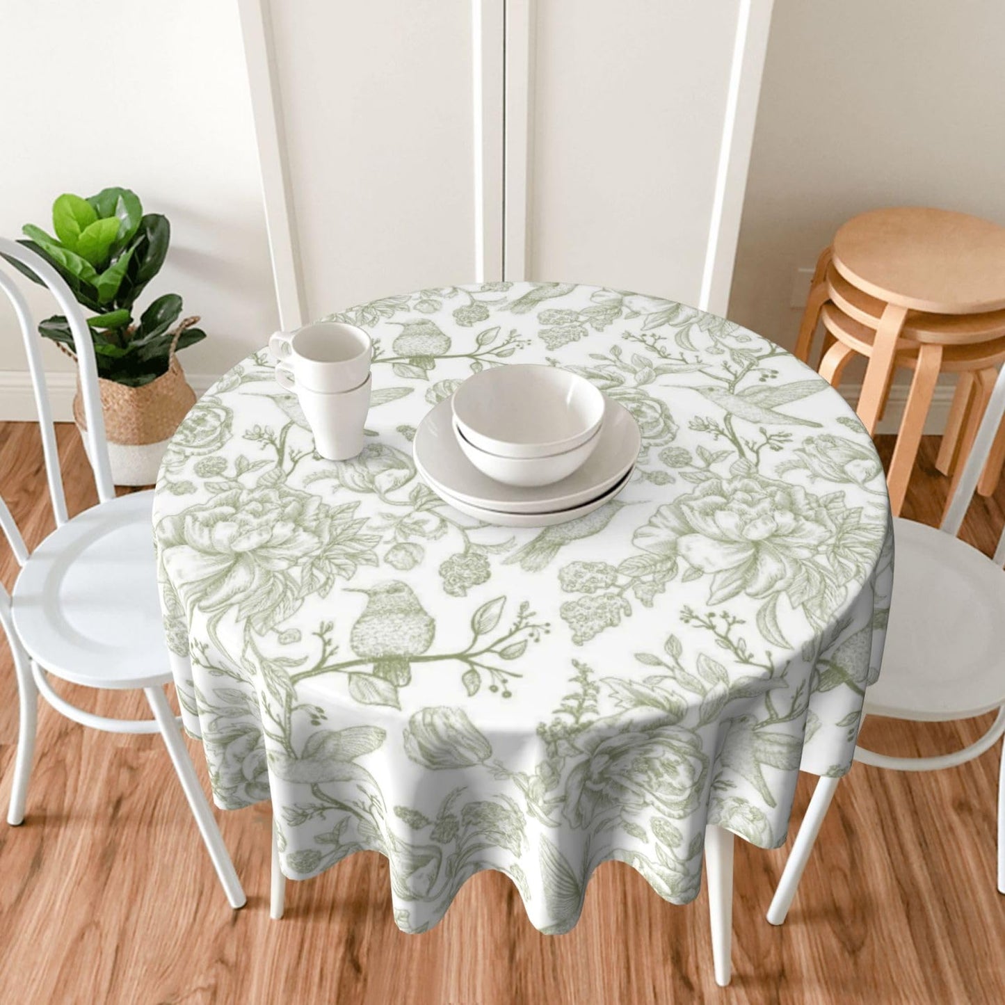 Yxuiyal Chinoiserie Round Tablecloths 70 Inches Sage Green Flower Birds Decorative Round Tablecloths Reusable Spring Summer Floral Table Covers for Home Kitchen Dining Room,Party Decoration