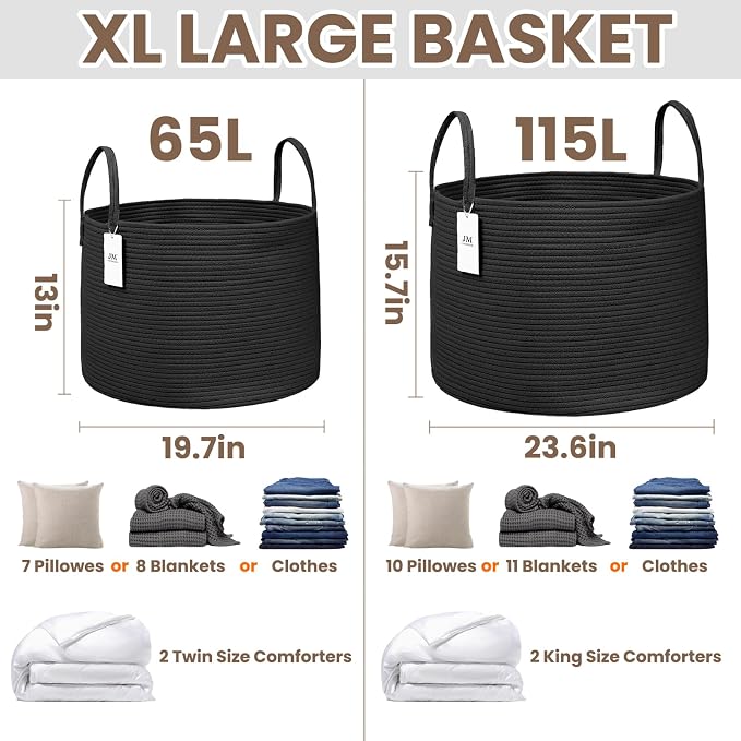 JMvicyroam 115L Extra Large Blanket Basket for Living Room - Woven Cotton Rope Laundry Hamper with Reinforced Handles - Storage Bin for Pillows, Comforters & Toys - Machine Washable,Black