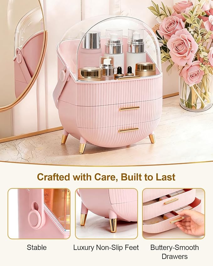 Makeup Organizer with Drawers & Lid - Portable Large Cosmetic Storage Case for Vanity Countertop, Travel, Gift for Women, Girls, 11"×7"×15", Pink