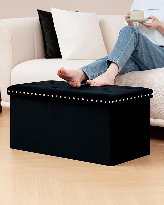 B FSOBEIIALEO Storage Ottoman Cube Folding Tufted Ottomanse, Storage Boxes Footrest for Bedroom, Luxury Velvet Fabric 30 * 15 * 15 Inches Black
