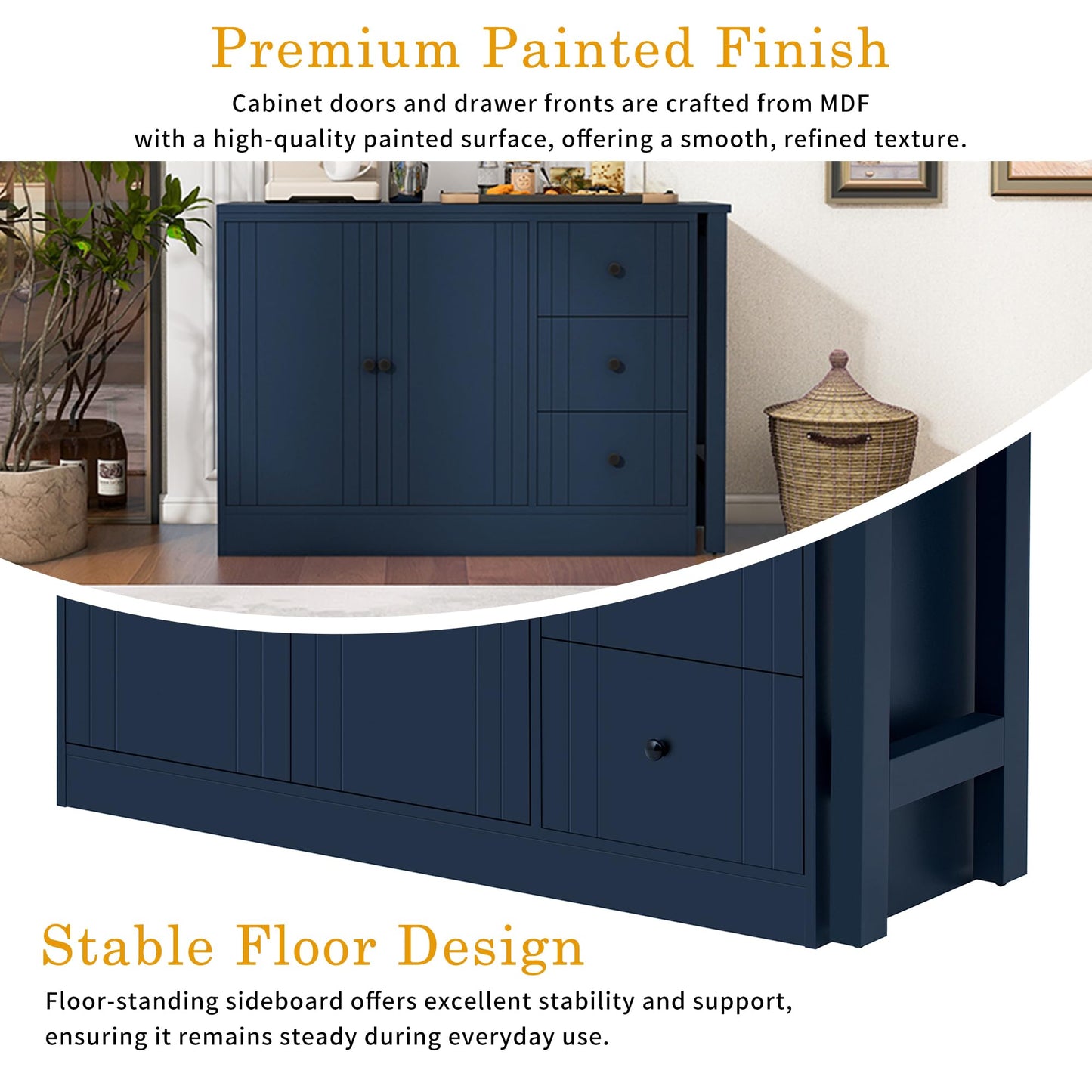 Merax Modern Wood Buffet Storgae Cabinet with Extendable Table, Buffet Coffee Bar Sideboard w/ 2 Doors and 3 Drawers for Living Room Dinning Room Kitchen Navy Blue