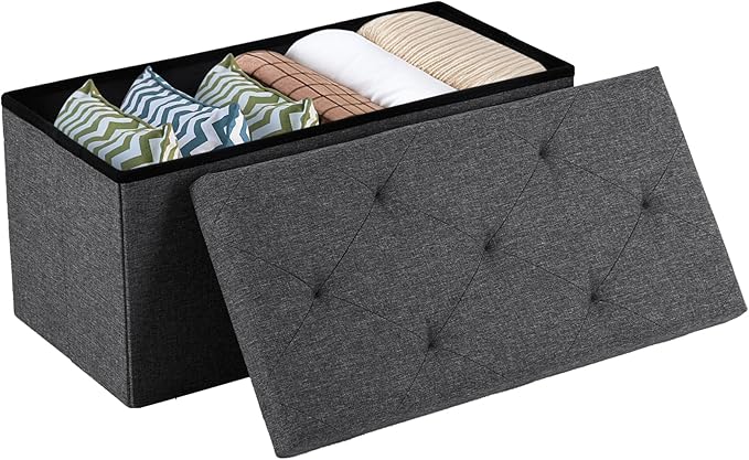 Sweetcrispy 30 Inch Folding Storage Ottoman Bench, Large Hidden Storage Chest with Padded Seat, Foot Rest Stool Supports Up to 660Lbs, End of Bed Bench for Bedroom, Living Room, Linen Fabric, Grey