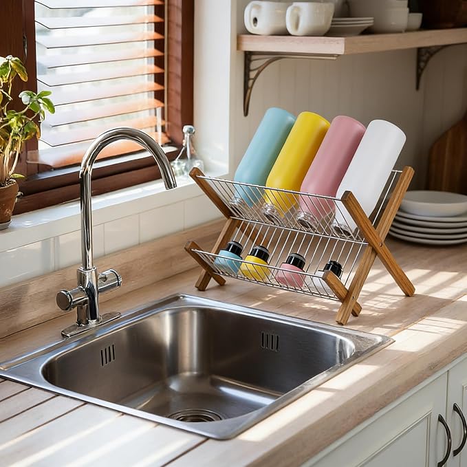 HTB Dish Drying Rack 2 Tier,Collapsible Stainless Steel & Teak Wood Dish Drying Rack,Foldable Dish Drainer for Plates,Cups,Kitchen Counter,Home,Apartment