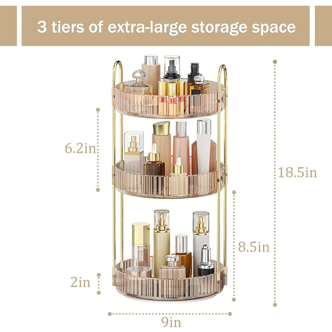MOKANI 360 Rotating Makeup Organizer for Vanity, 3 Tier Adjustable Perfume Organizer for Dresser, Multi-Function Spinning Cosmetics Skincare Storage for Bedroom, Dresser, Countertop, Amber