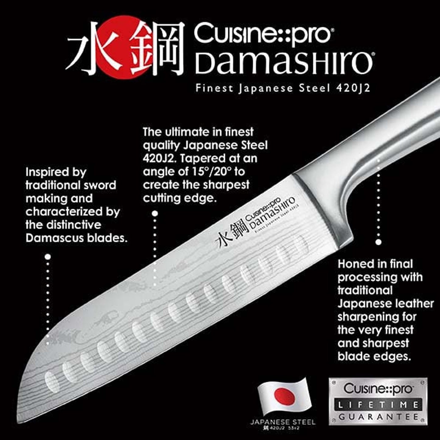 Cuisine::pro Damashiro 8-Piece Satori Knife Block - Japanese Steel Knife Set with Acacia Wood Knife Block -Damascus-Inspired Blade
