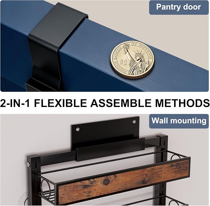 8 Tier Pantry Door Organizer Spice Rack, 2-IN-1 Wall Mount or Hanging Over Door Seasoning Organizer with Adjustable Baskets, Heavy Duty Behind Door Storage Shelves for Pantry, Cabinet and Kitchen