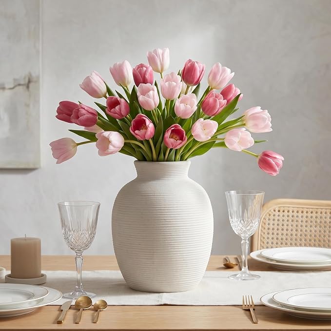 Ceramic Flower Vase Home Decor, 8in White Waterproof Pottery Rustic Vases, Flower Terracotta Vases for Farmhouse Table Centerpieces, Home Decor, Living Room