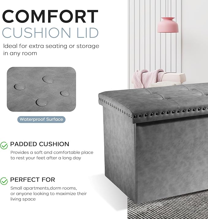 oakvivo 30 Inches Folding Storage Ottoman Bench, Leather End of Bed Foot Rest Stools with Button Tufted Rivet Design, Ottoman with Padded Seat for Bedroom, Living Room, Entryway, 330 lb, Grey