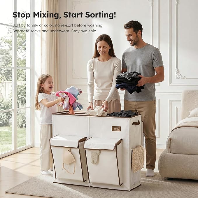 SOLEDI 220L Laundry Hamper 3 Section,Extra Large Laundry Basket with Lid and 2 Side Pockets, Dirty Clothes Hamper with Removable Bag Easy to Carry for Laundry Room, Bedroom, Bathroom, White