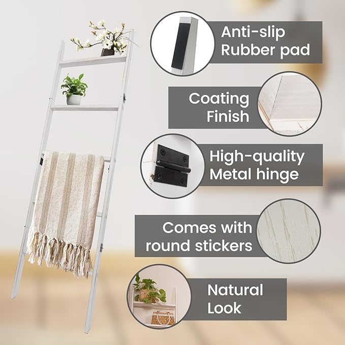 5-Tier Blanket Ladder – 4.8 Ft Wall Leaning Quilt Rack, Farmhouse Blanket Storage for Living Room, Bedroom & Bathroom – Rustic Decorative Wooden Towel & Quilt Holder, Easy to Assemble