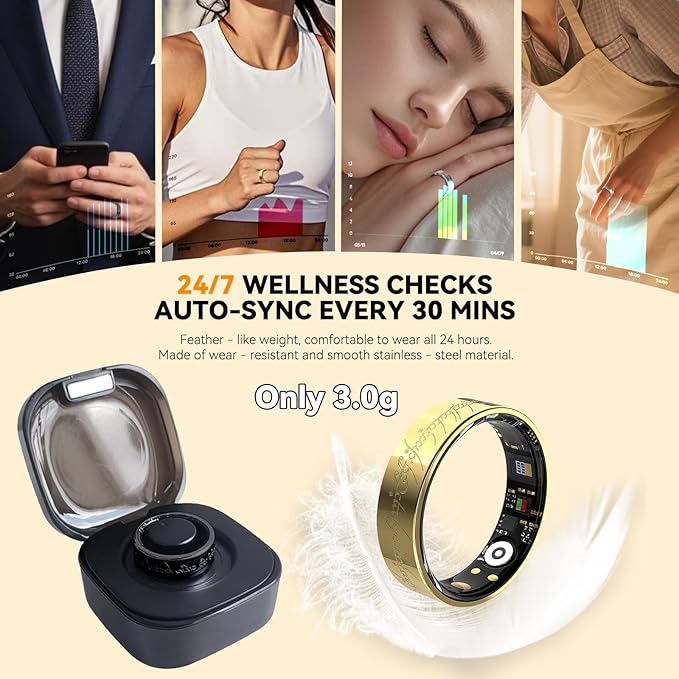 Ultra Smart Ring for Women Men,Health Fitness Tracker with Sleep/Blood Pressure/Oxygen Monitoring, Heart Rate & Activity Tracking,IP68 Waterproof, 5+Day Battery,No Subscription Fee 1-Gold 12