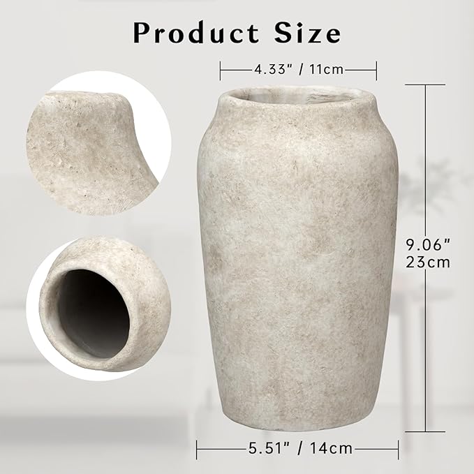 Briful Rustic Vintage Ceramic Vase, 9.06'' Farmhouse Table Decor with Wide Mouth, Large Decorative Vases for Home Decor, Living Room, Entryway & Shelf Styling, Beige