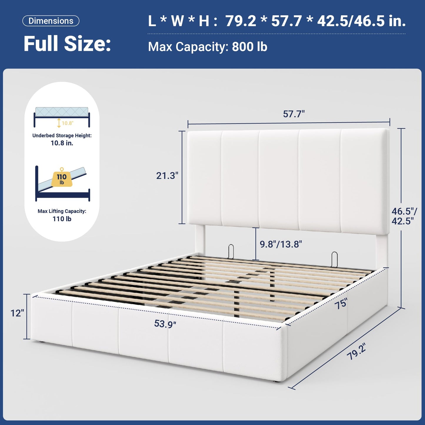 Allewie Full Size Velvet Lift Up Storage Bed Frame, Vertical Channel Tufted Headboard, Hydrualic Underneath Storage, Upholstered Platform Bed, Wooden Slats Support, No Box Spring Needed, White