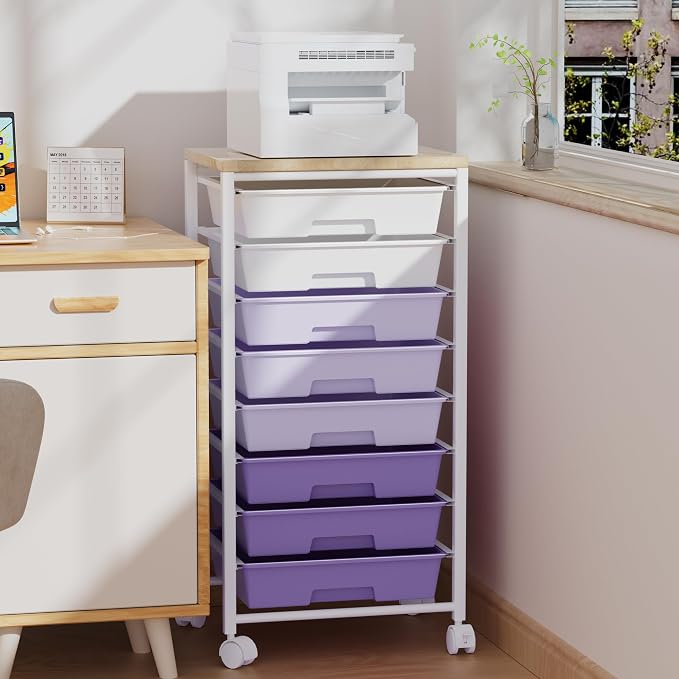 Rolling Cart with 8 Drawers, Storage Drawers Cart with Wooden Tabletop and Lockable Wheels, Craft Storage for Living Room, Office, Classroom, Craft Room, Bedroom (Purple)