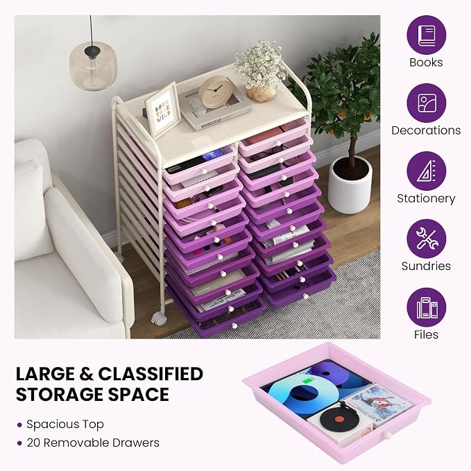 COSTWAY 20-Drawer Rolling Storage Cart, Utility Storage Organizer Cart for Tools, Scrapbook, Paper, Craft, Multipurpose Storage Trolley on Wheels for Home Office School, Purple Gradient