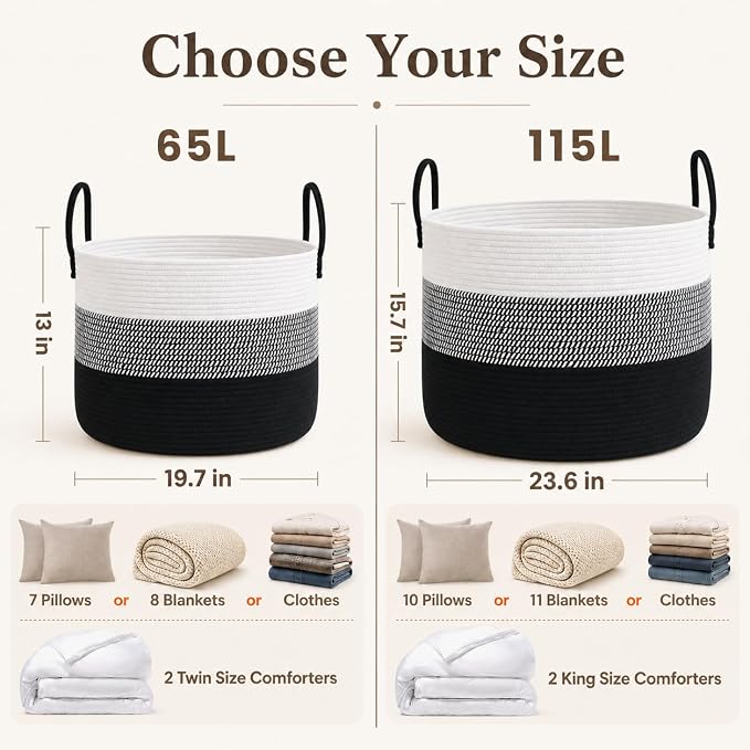 JMvicyroam 115L Extra Large Blanket Basket for Living Room - Woven Cotton Rope Laundry Hamper with Reinforced Handles - Storage Bin for Pillows, Comforters & Toys - Machine Washable,White&Black Mix