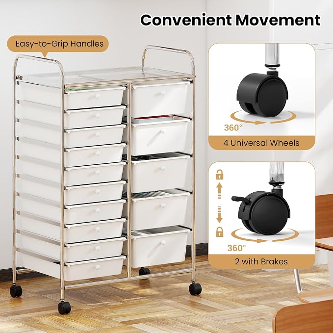 Giantex 15 Drawer Rolling Cart with Drawers, Storage Organizer Cart for Classroom Office School Teacher, Mobile Drawer Cart for Tools, Crafts, Small Printer, Ivory