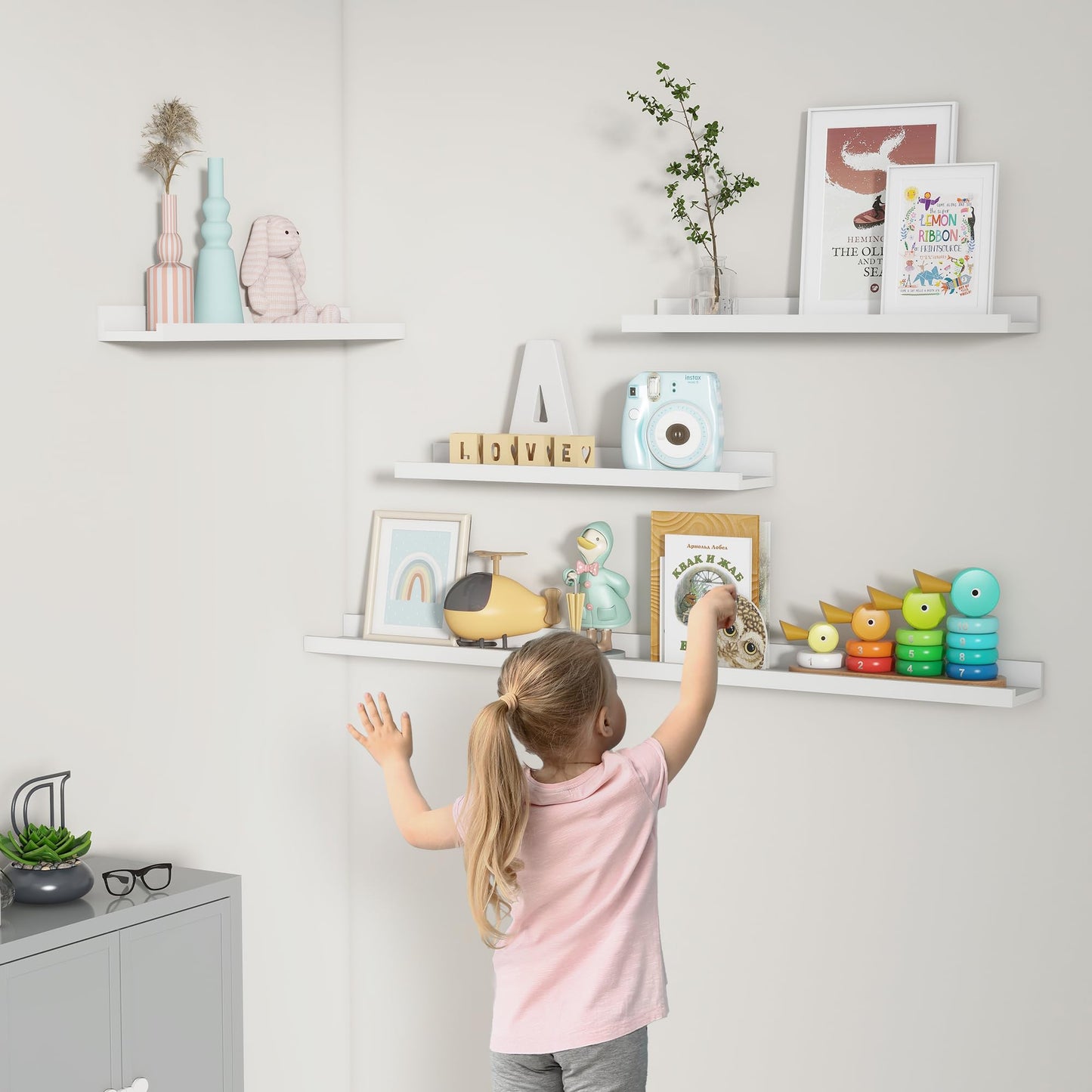 FLYJOE Picture Ledge Shelf, Floating Shelves Set of 2, 24 Inches Nursery Book Shelves for Toys Storage, Kids Bookshelf Wall Mounted for Living Room Bedroom Decor Books Photo Frames, White