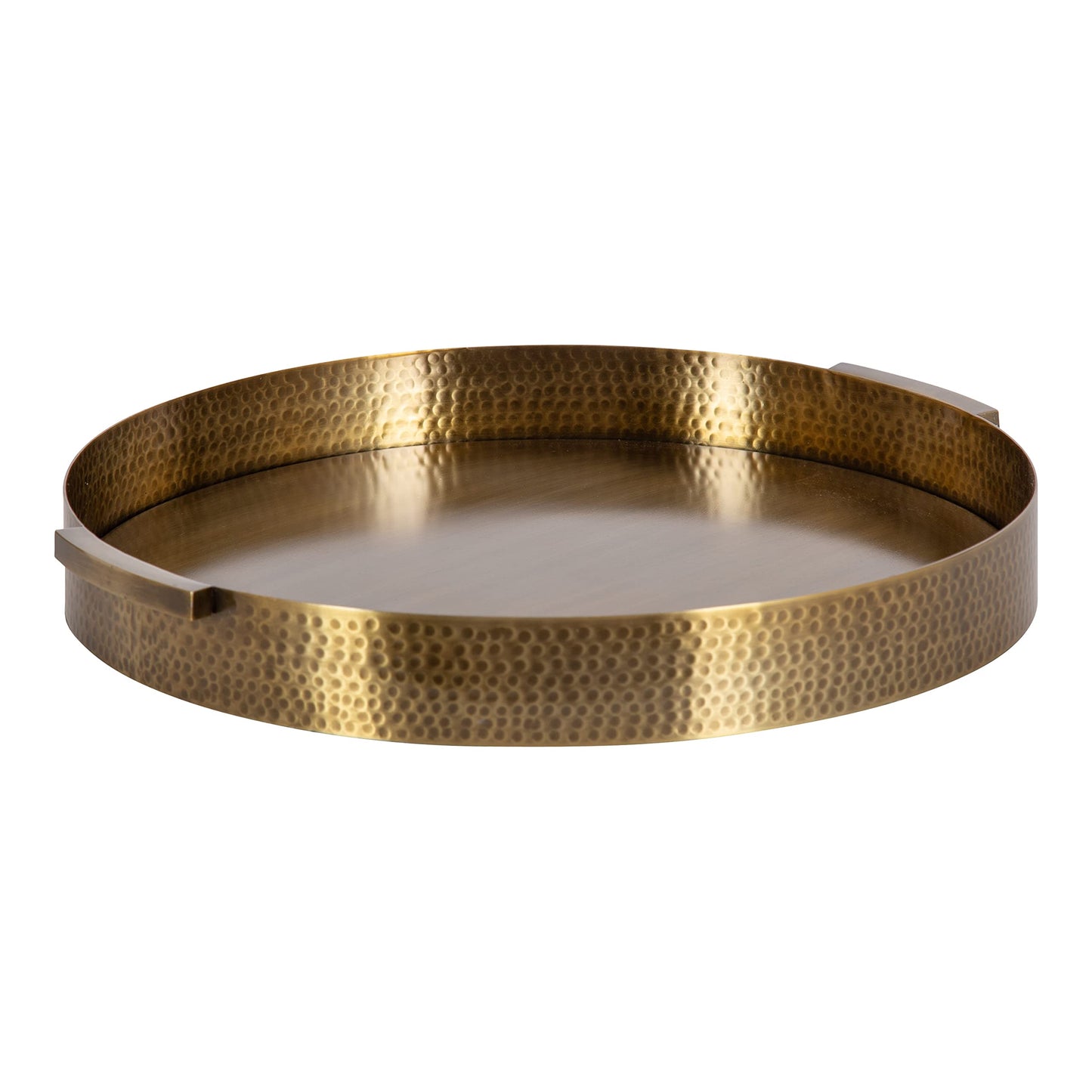 Kate and Laurel Samana Modern Glam Round Metal Tray; 17 Inch Diameter; Antique Brass; Circular Polished Decorative Tray with Hammered Surface and Minimalist Handles