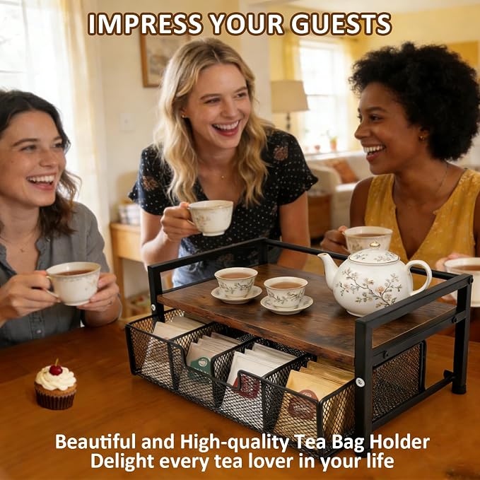 Tea Bag Organizer, Tea Bag Organizers and Storage with Drawer, Tea Bag Holder Natural Wood & Metal with 8 Compartments, Tea Storage Chest Container Box for Countertop Kitchen with 4 Hooks