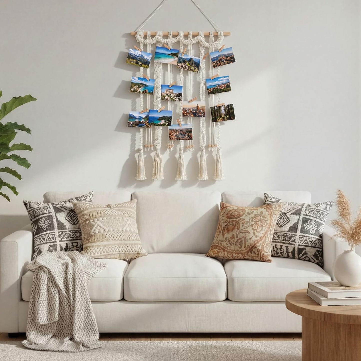 Lewtemi Macrame Hanging Photo Display Wall Decor with 30 Clips Boho Tassel Photo Wall Hanging Holder Art Decor for Frame Manager Picture Greeting Cards Collage Bedroom Home Dormitory Living Room