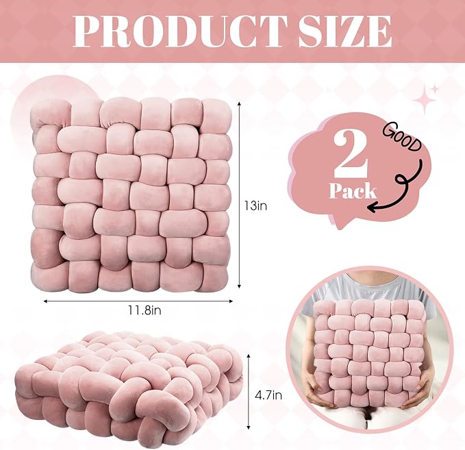 Wenqik 2 Pcs Knot Pillows Square Knotted Plush Throws Soft Accent Pillows Decoration Cushion for Couch Home Office Living Room Bedroom Bed Sofa Decor, 12'' x 13''(Haze Pink,Crystal Velvet)