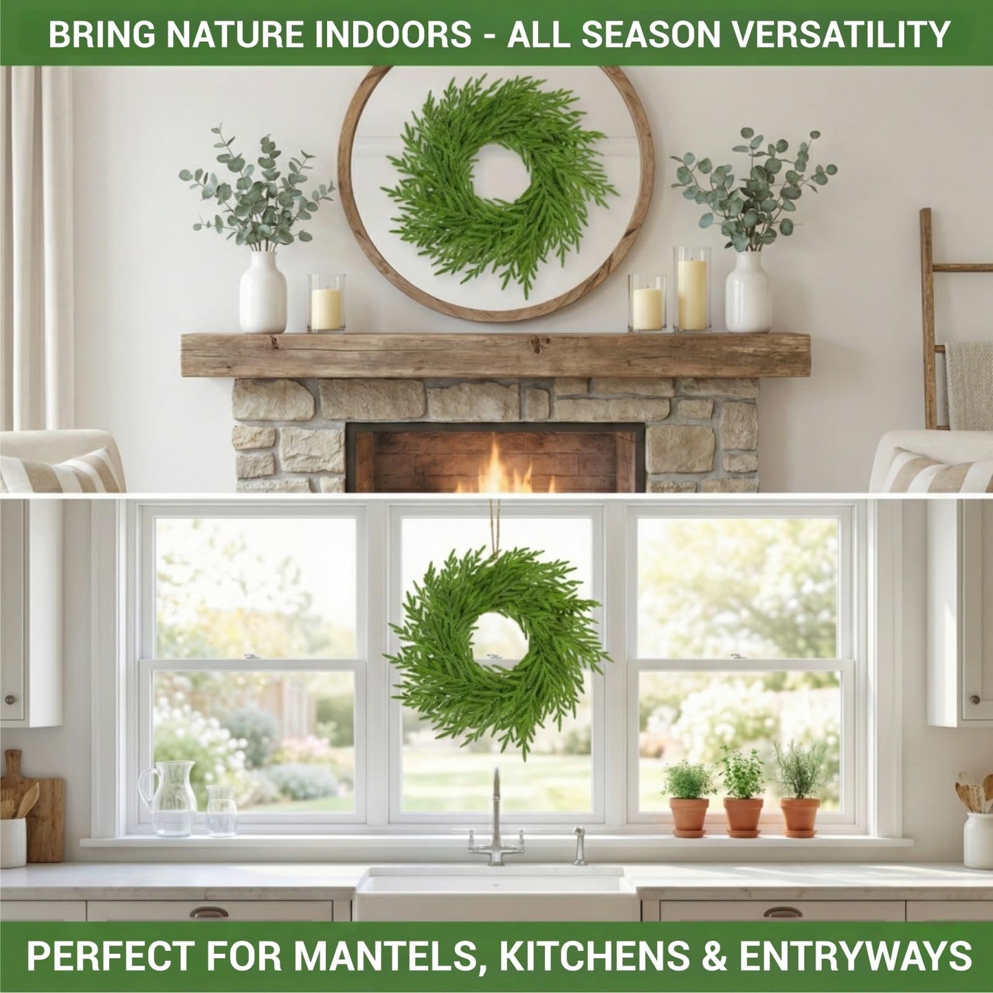 24" Real Touch Norfolk Pine Wreath for Front Door – Artificial Winter Greenery & Farmhouse Wall Decor, All Season Faux Evergreen Round Garland for Spring, Mantel & DIY Base (Waterproof)