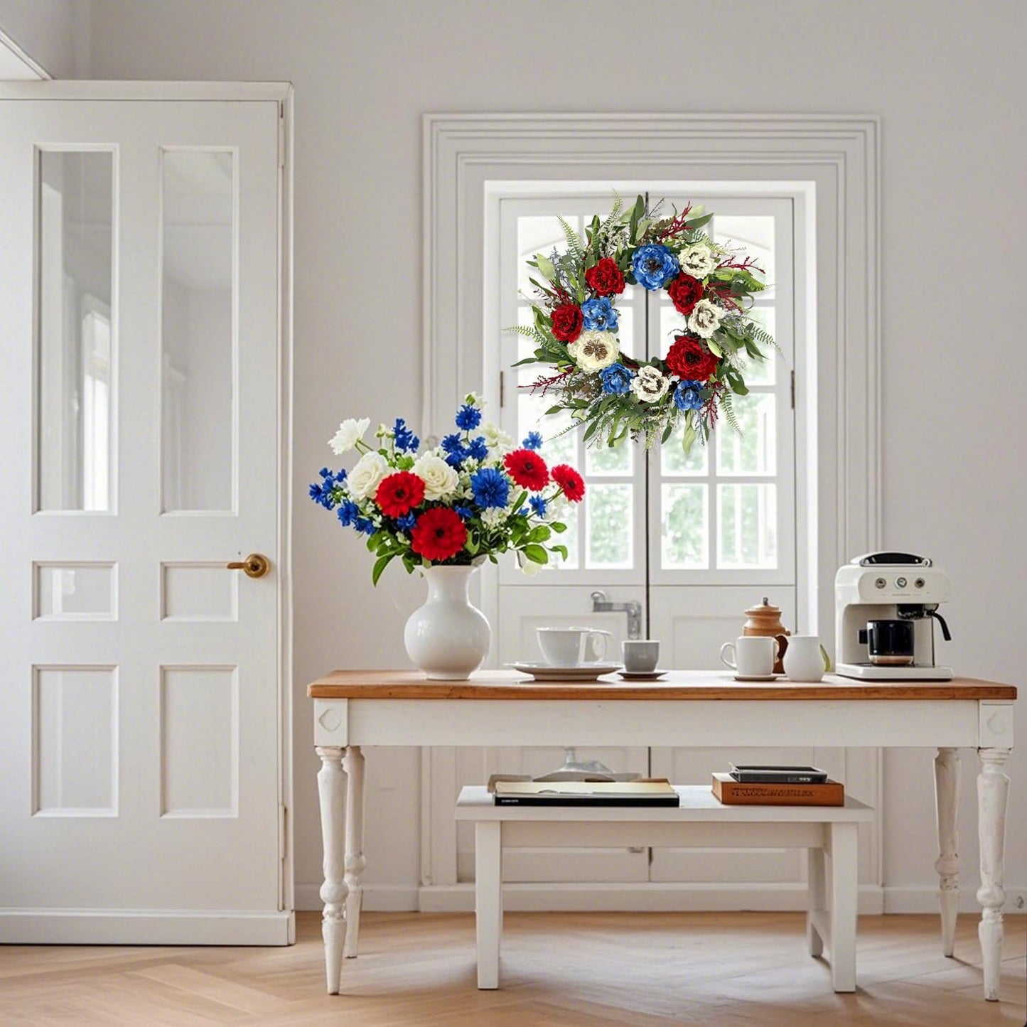 24 Inch Patriotic Wreaths for Front Door, 4th of July Wreaths for Front Door, Peony Eucalyptus Patriotic Summer Flag Wreath Handcrafted Memorial Day Artificial Flowers Wreath for Indoor and Outdoor