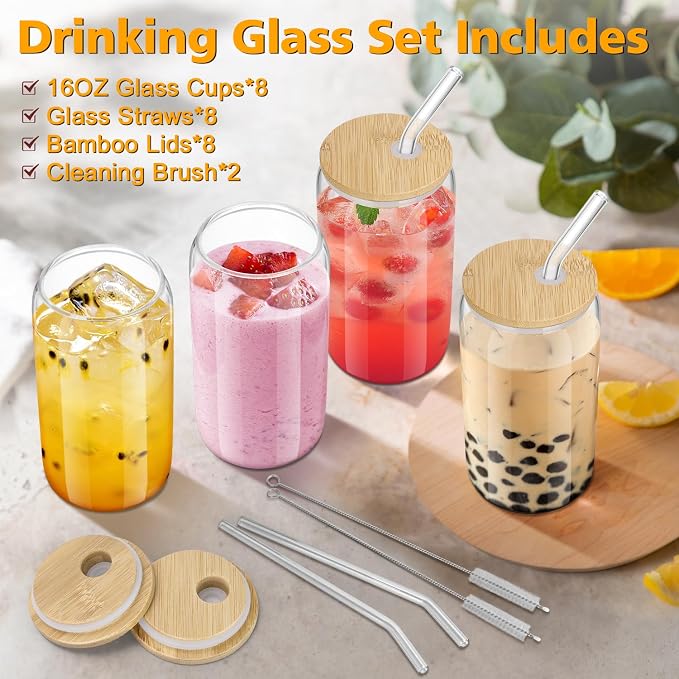 sungwoo 8PCS Glass Cups with Bamboo Lids and Straws, 16OZ Ice Coffee Cup, Drinking Cup set with Wooden Lids, Home Essential Glass Tumblers for Beer, Cocktail, Tea and Latte Clear