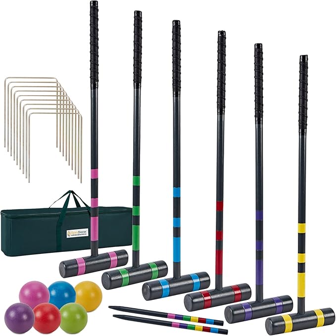 Six Player Deluxe Croquet Set, 35'' Croquette Game with Premium Wooden Mallets/Colored Balls/Wickets/Stakes/Carrying Bag, Outdoor Lawn Backyard Games for Teens Adults Family