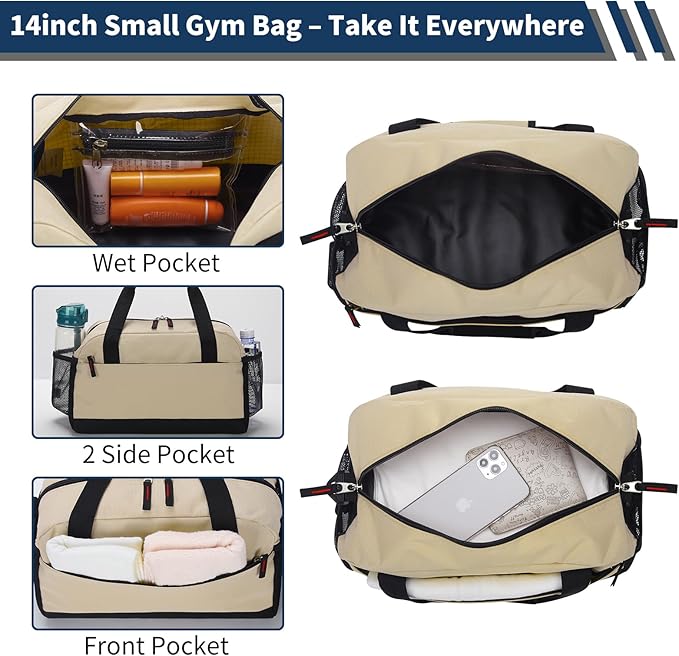 Small Gym Bag with Wet Pocket - 14 inch Mini Duffle Bag for Men & Women Lightweight Carry On Bag for Travel Sport - Camel